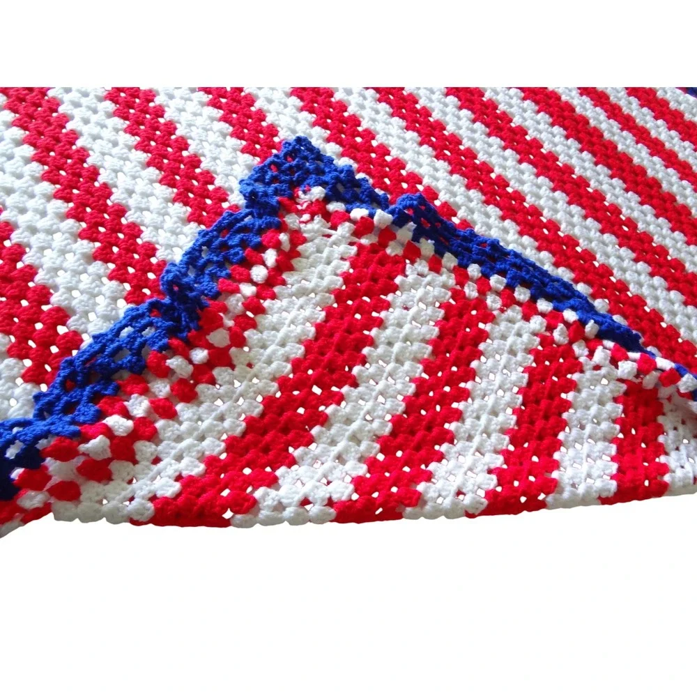 Handmade‎ Crochet Americana Blanket Red White Blue Striped Granny Square Throw